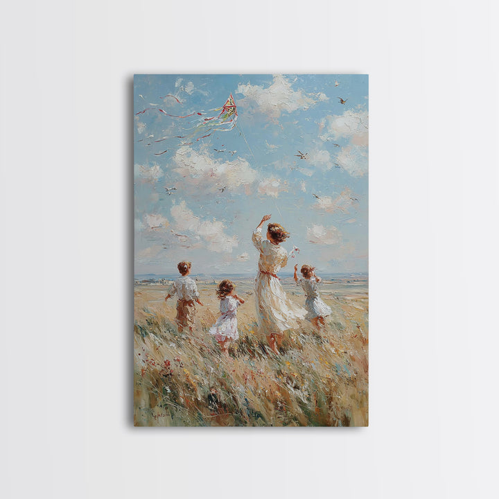 Mother And Children Flying Kite By Sea Canvas Print, Coastal Wall Art, Beach House Decor, Family Gift, Living Room Decor