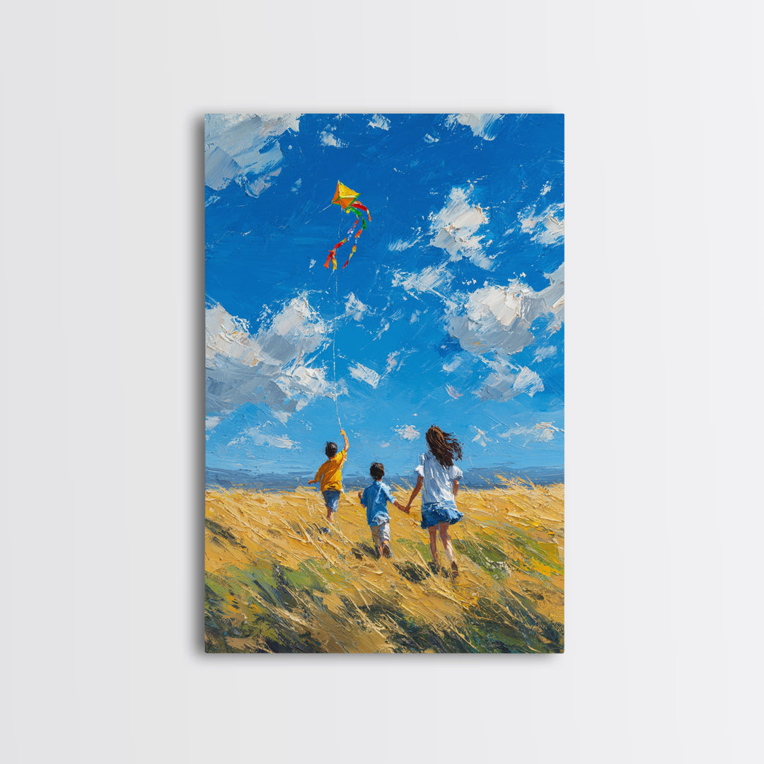 Children Chasing Bright Kite In Golden Field Framed Canvas Print, Colorful Wall Art, Summer Landscape, Kids Room Decor Gift