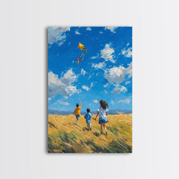 Children Chasing Bright Kite In Golden Field Framed Canvas Print, Colorful Wall Art, Summer Landscape, Kids Room Decor Gift