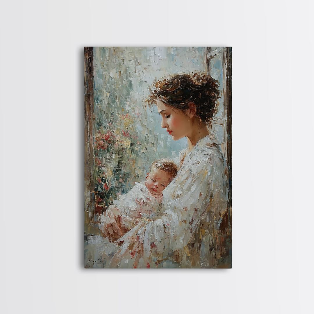 Mother Holding Sleeping Baby By Rainy Window Canvas Print, Feminine Wall Art, Nursery Decor, Gift For Mom, Bedroom Decor