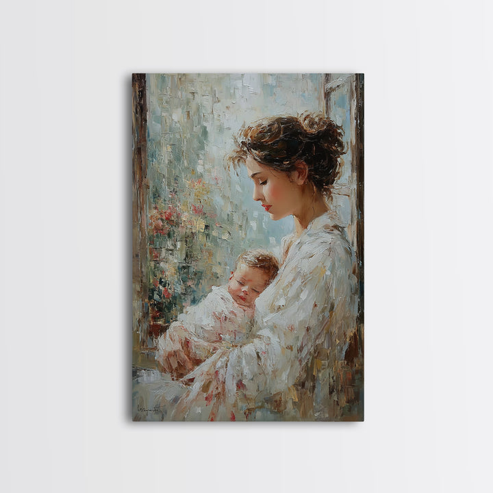 Mother Holding Sleeping Baby By Rainy Window Canvas Print, Feminine Wall Art, Nursery Decor, Gift For Mom, Bedroom Decor