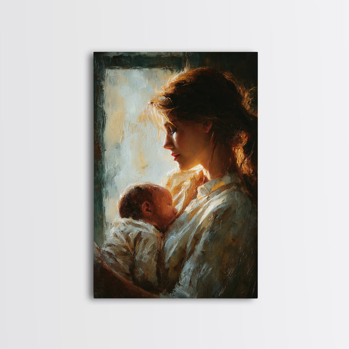 Backlit Mother Cradling Newborn By Window Framed Canvas Print, Romantic Wall Art, New Mom Gift, Moody Bedroom Decor Print