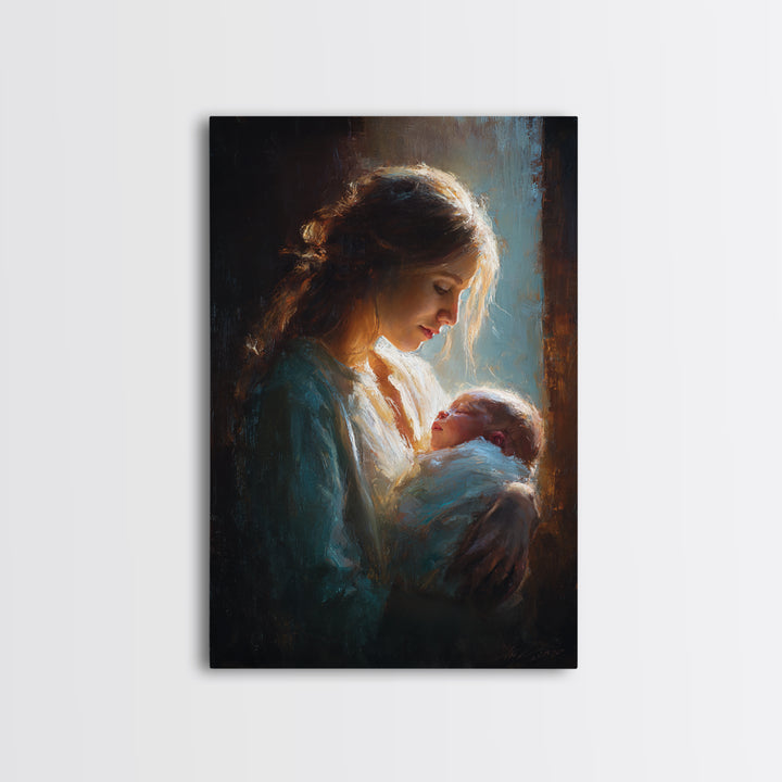Radiant Mother Gazing At Newborn In Shadow Canvas Print, Moody Wall Art, Spiritual Gift, Nursery Decor, New Mom Gift Print