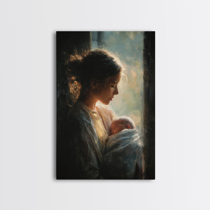 Soft Profile Mother With Sleeping Baby In Window Light Canvas Print, Moody Wall Art, New Mom Gift, Feminine Bedroom Decor