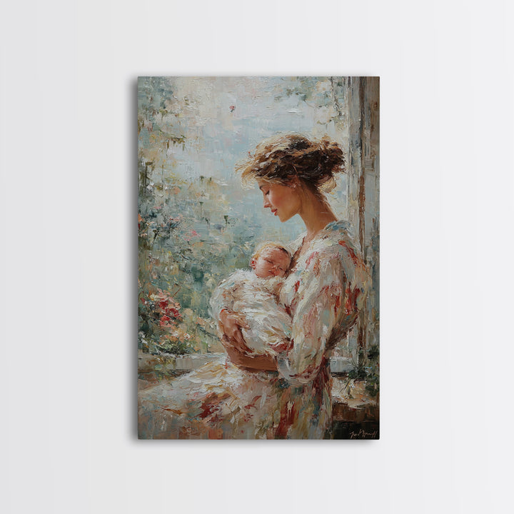 Mother Cradling Newborn Beside Blooming Window Framed Canvas Print, Feminine Wall Art, Nursery Decor, New Mom Gift, Bedroom Decor
