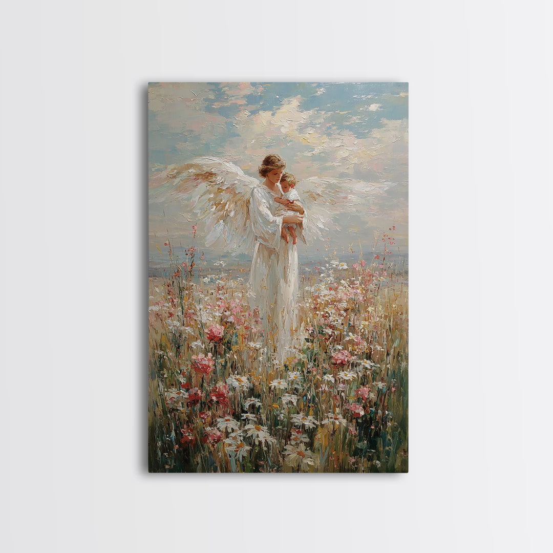 Guardian Angel Holding Baby In Wildflower Meadow Wall Art, Christian Nursery Decor, Motherhood Gift, Framed Fine Art Print