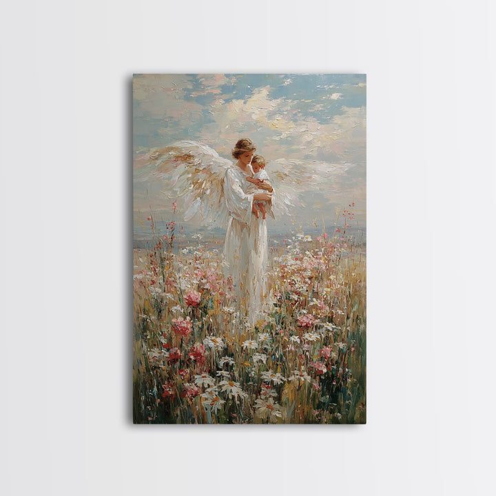 Guardian Angel Holding Baby In Wildflower Meadow Wall Art, Christian Nursery Decor, Motherhood Gift, Framed Fine Art Print