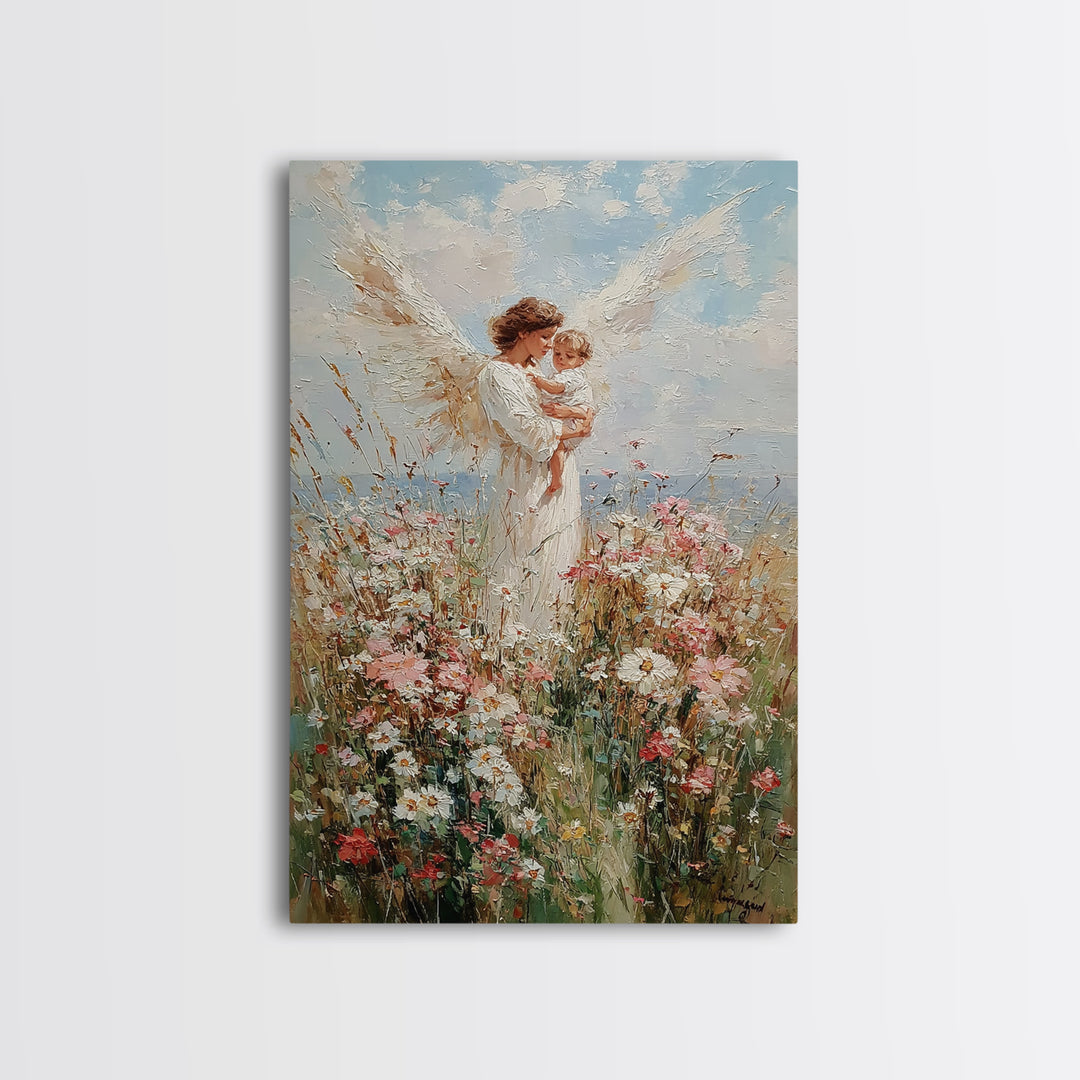 Angel Mother Holding Toddler Among Daisies Canvas Print, Christian Wall Art, Floral Nursery Decor, Gift For Mom, Home Decor