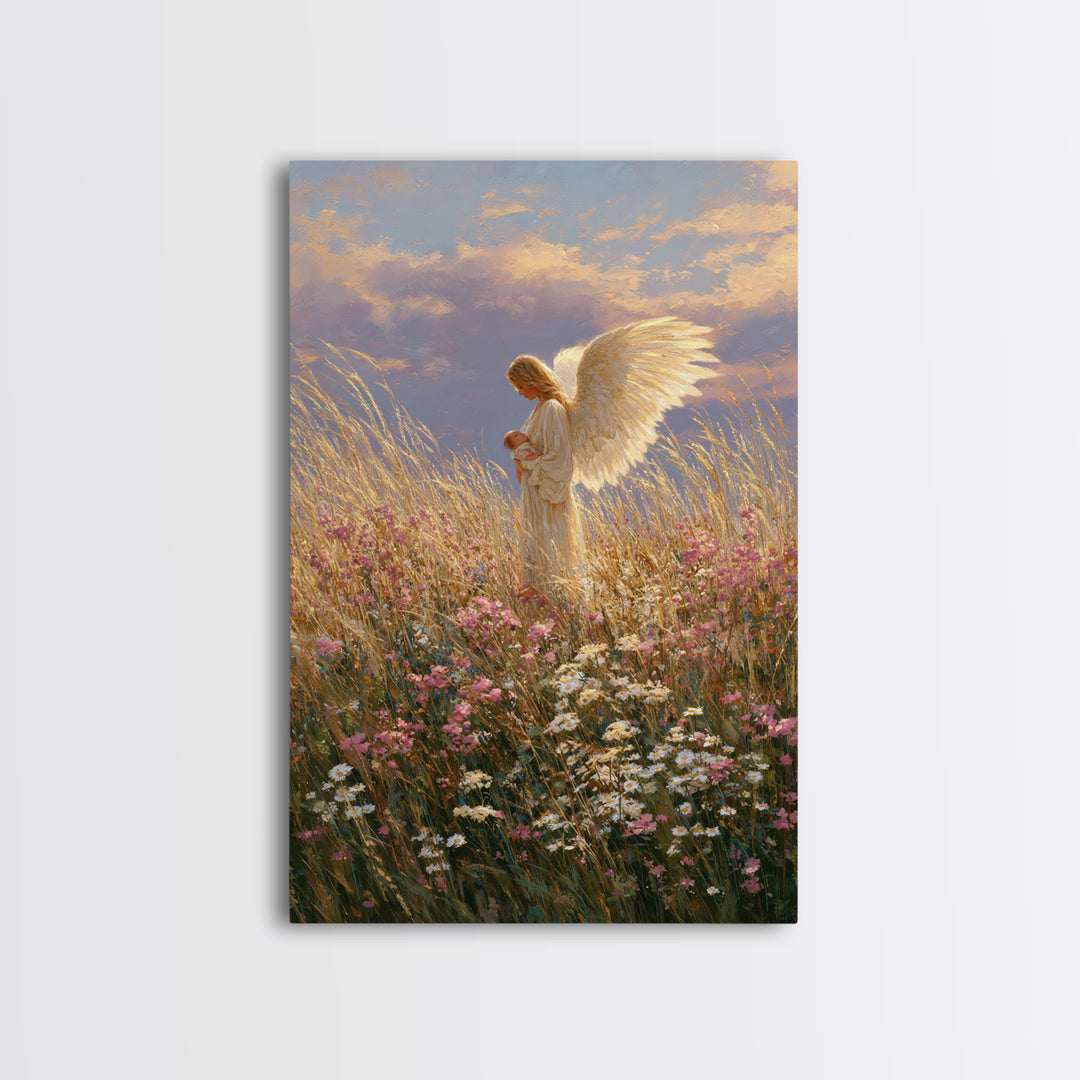 Golden Winged Angel With Infant At Sunset Wall Art, Christian Bedroom Decor, Floral Canvas Print, Spiritual Gift For Her