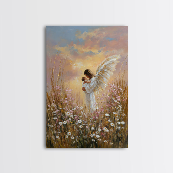 Angel Mother And Baby In Sunset Wildflowers Framed Canvas Print, Christian Wall Art, Nursery Decor, Motherhood Gift, Home Decor