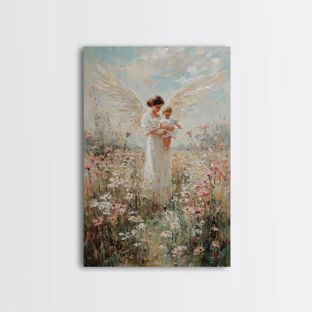 White Winged Angel Holding Baby In Flower Garden Canvas Print, Christian Nursery Wall Art, Floral Home Decor, Gift For Mom