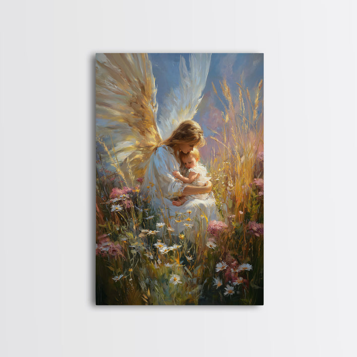 Glowing Angel Mother Nursing Baby In Wild Meadow Wall Art, Christian Canvas Print, Spiritual Nursery Decor, Gift For Her