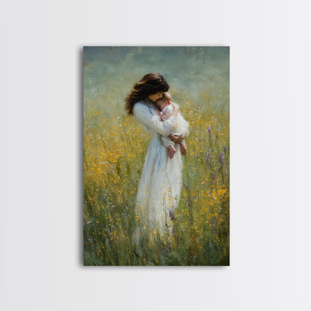 Tender Mother Cradling Newborn In Yellow Meadow Canvas Print, Motherhood Wall Art, Feminine Nursery Wall Decor, Gift For Mom