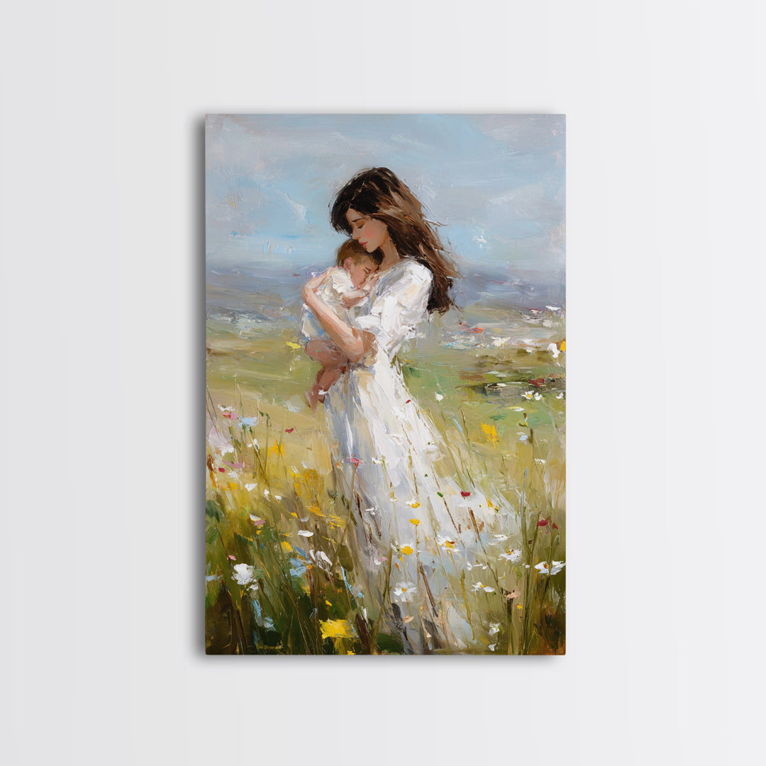 Mother Holding Sleeping Baby In Breezy Meadow Wall Art, Motherhood Canvas Print, Neutral Nursery Decor, Gift For Mom, Home Decor