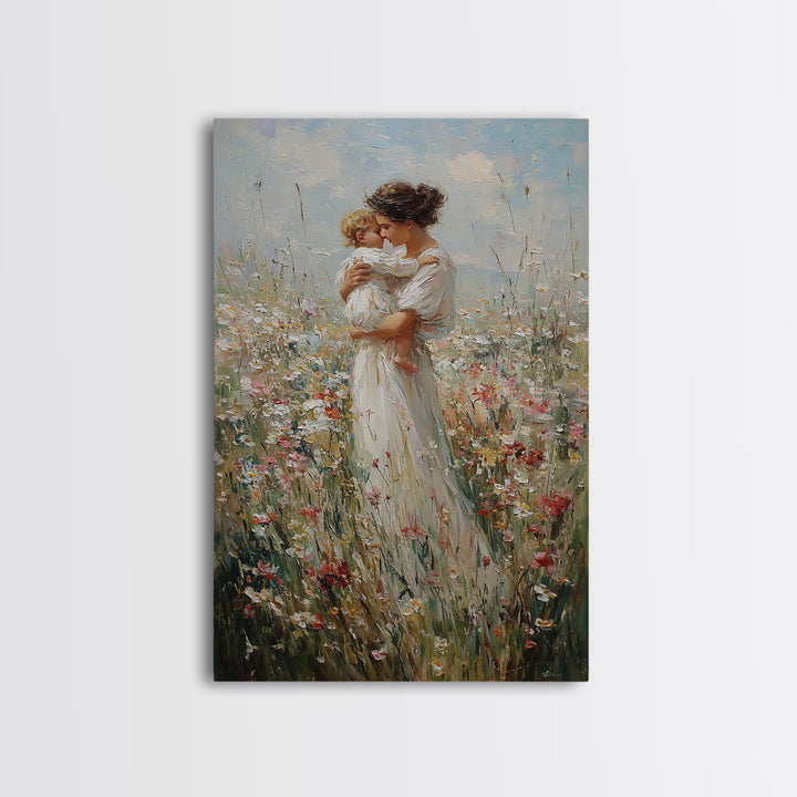 Mother Kissing Child In Wildflower Field Framed Canvas Print, Motherhood Wall Art, Floral Nursery Decor, Gift For Her, Home Decor