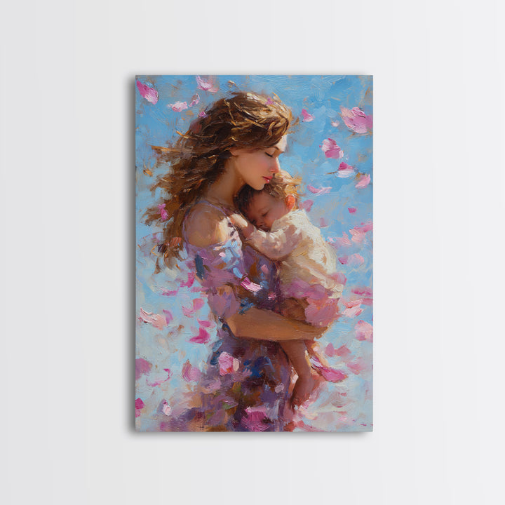 Tender Mother And Baby In Pink Petals Wall Art, Impressionist Oil Painting Print For Nursery, Bedroom, Gift For Mom, Home Decor