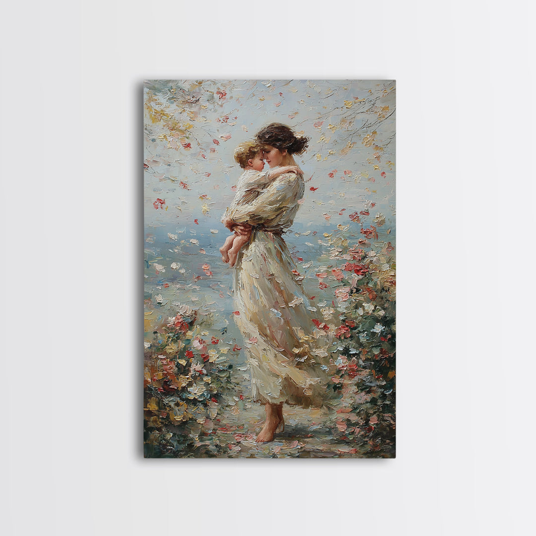 Mother Holding Child By Floral Shore Framed Canvas Print, Impressionist Wall Decor, Living Room Art, Gift For Mom, Housewarming Gift