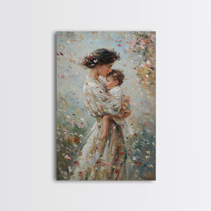 Mother Cradling Baby In Blossom Garden Wall Art, Romantic Impressionist Oil Painting, Feminine Bedroom Decor Gift For Her