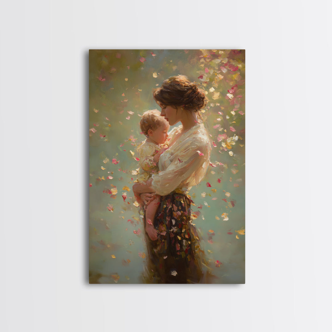 Warm Sunlit Mother And Baby Framed Canvas Print, Floral Impressionist Painting, Soft Feminine Wall Decor, Gift For Mom, Nursery Art