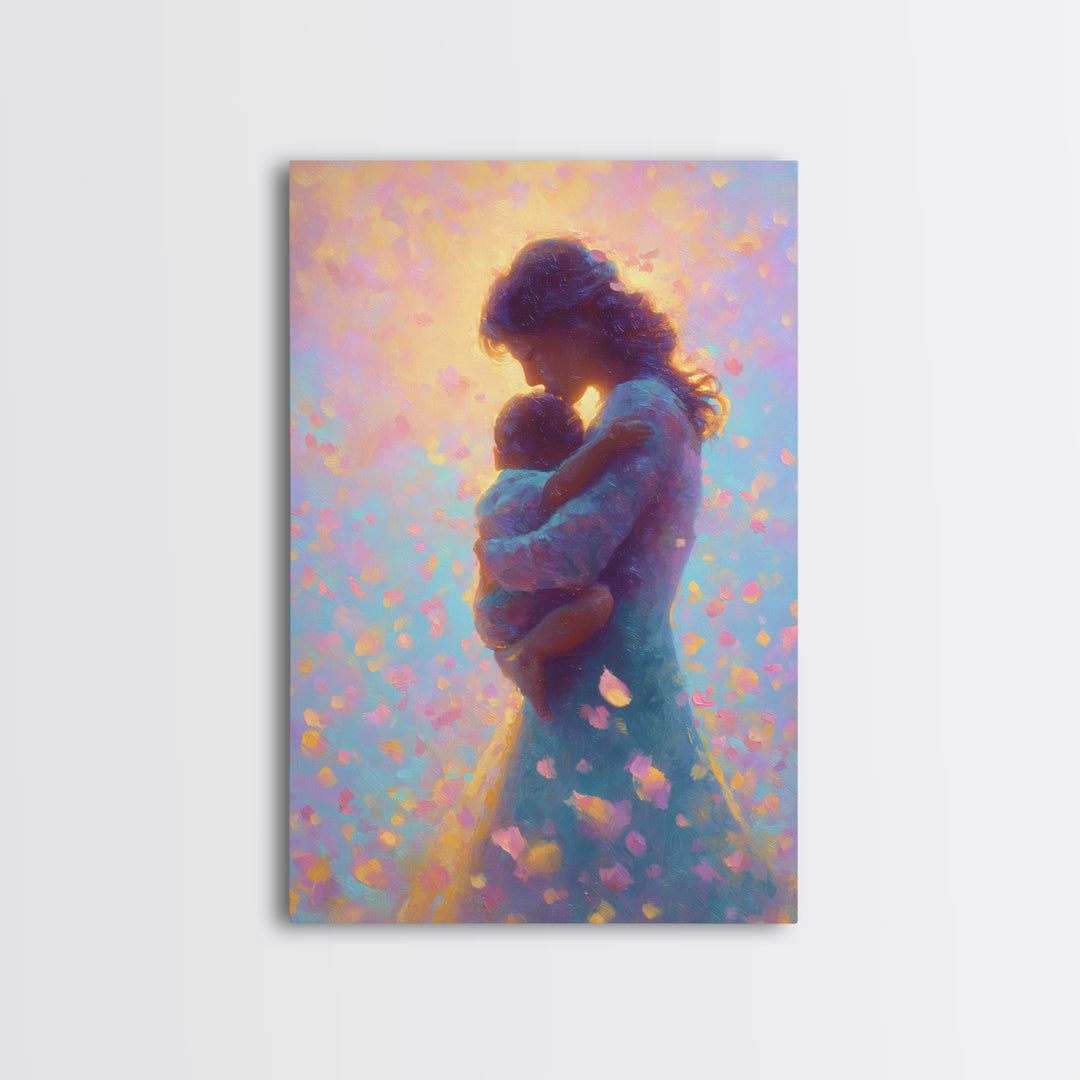 Glowing Mother And Infant Silhouette Canvas Print, Pastel Celestial Floral Petals, Dreamy Nursery Wall Art, Gift For Mom