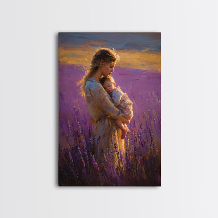 Mother And Sleeping Baby In Lavender Field Wall Art, Sunset Impressionist Oil Painting, Romantic Bedroom Decor, Gift For Mom