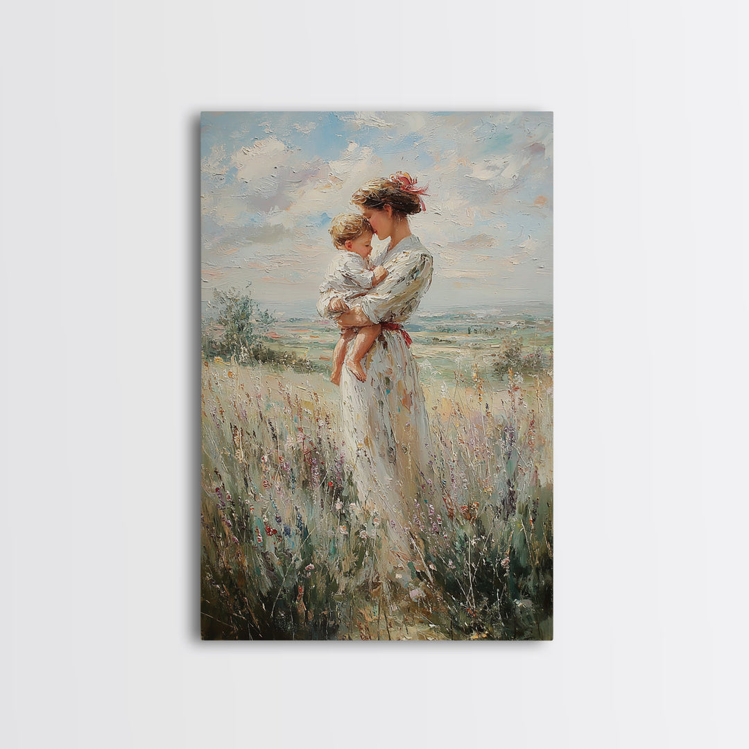 Mother Holding Child In Windy Wildflower Meadow Framed Canvas Print, Impressionist Landscape Wall Decor, Gift For Mom, Home Decor