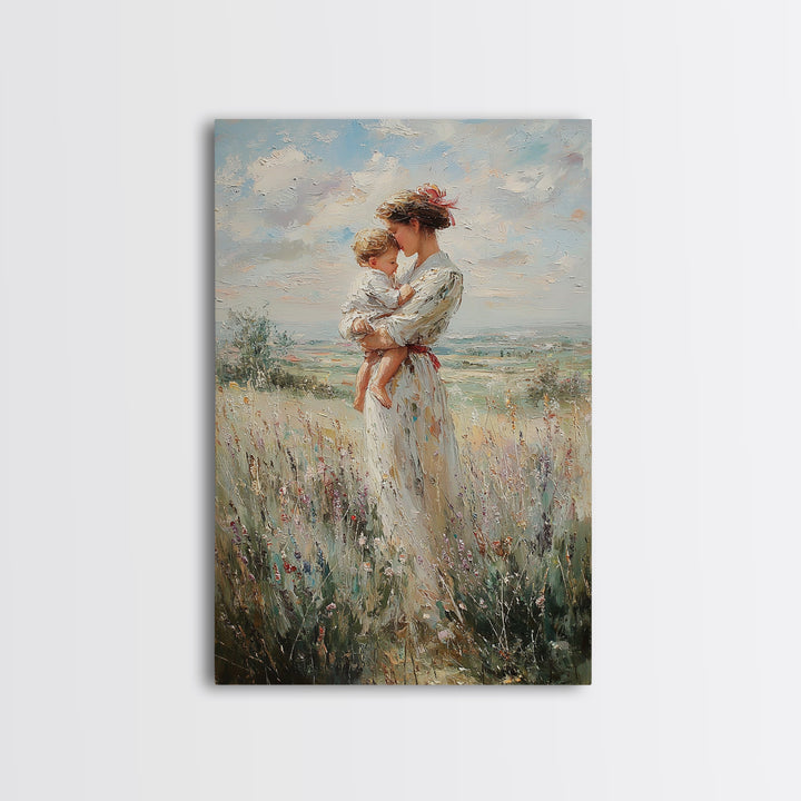Mother Holding Child In Windy Wildflower Meadow Framed Canvas Print, Impressionist Landscape Wall Decor, Gift For Mom, Home Decor