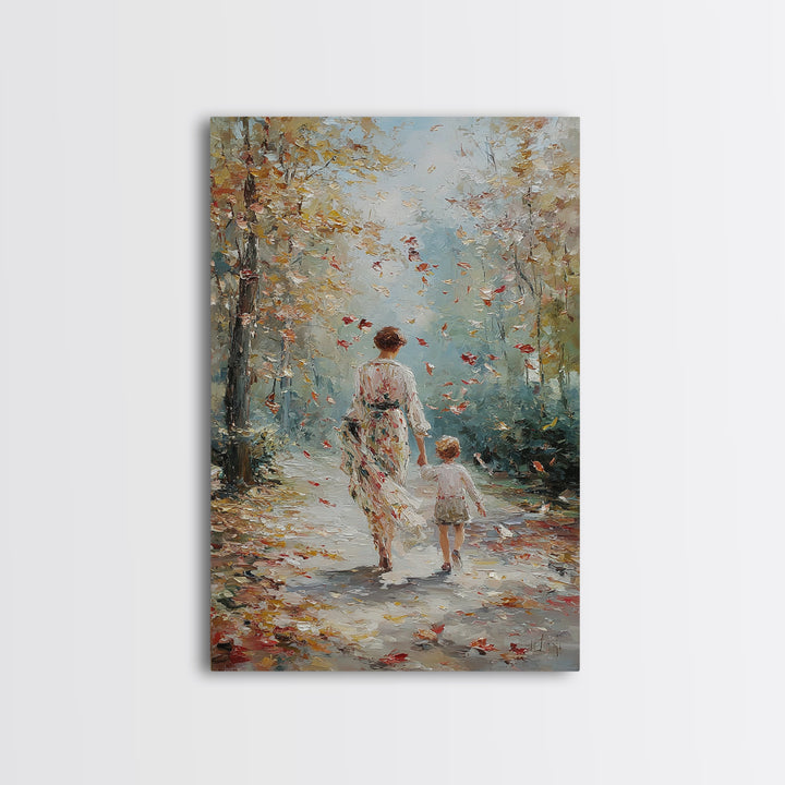 Mother And Child Autumn Walk Wall Art, Impressionist Forest Path Canvas, Cozy Family Decor, Gift For Mom, Living Room Art