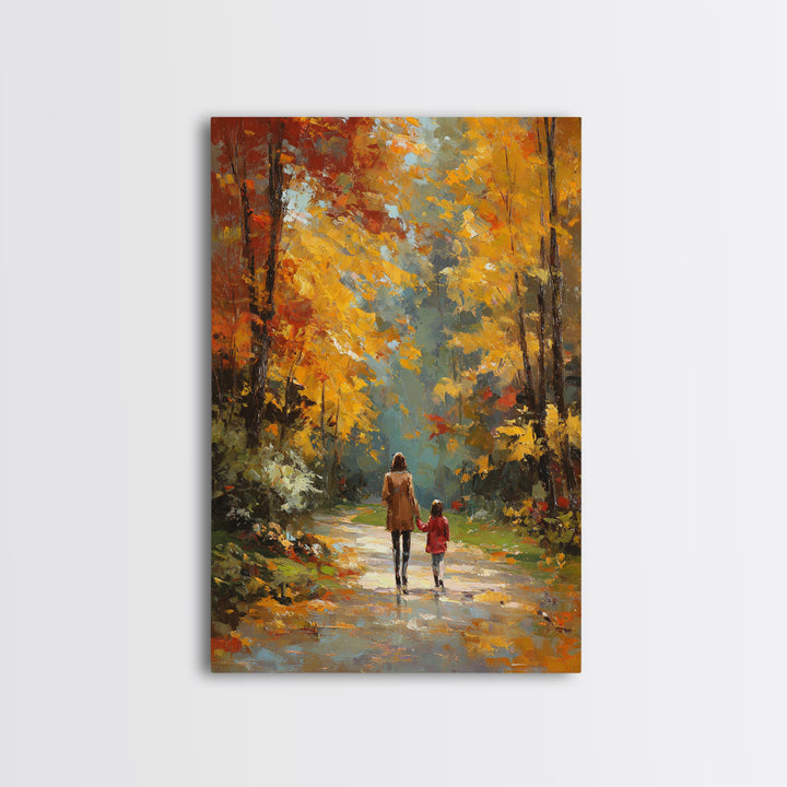 Golden Autumn Forest Walk Canvas Print, Mother Child Path Painting, Vibrant Landscape Wall Decor, Cozy Home Decor, Gift For Her