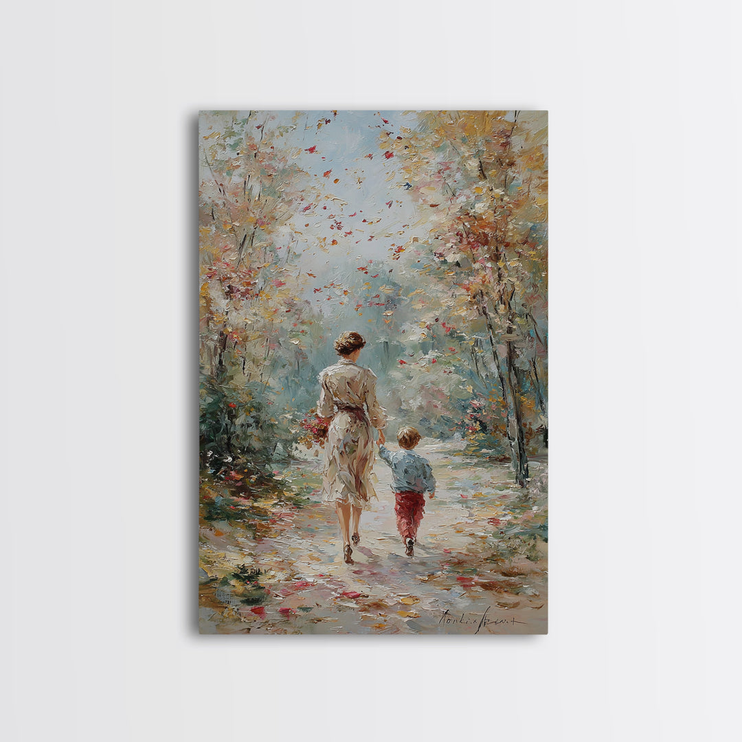 Mother And Son Fall Forest Walk Wall Art, Soft Impressionist Path Painting, Family Home Decor, Living Room Art, Mothers Day Gift