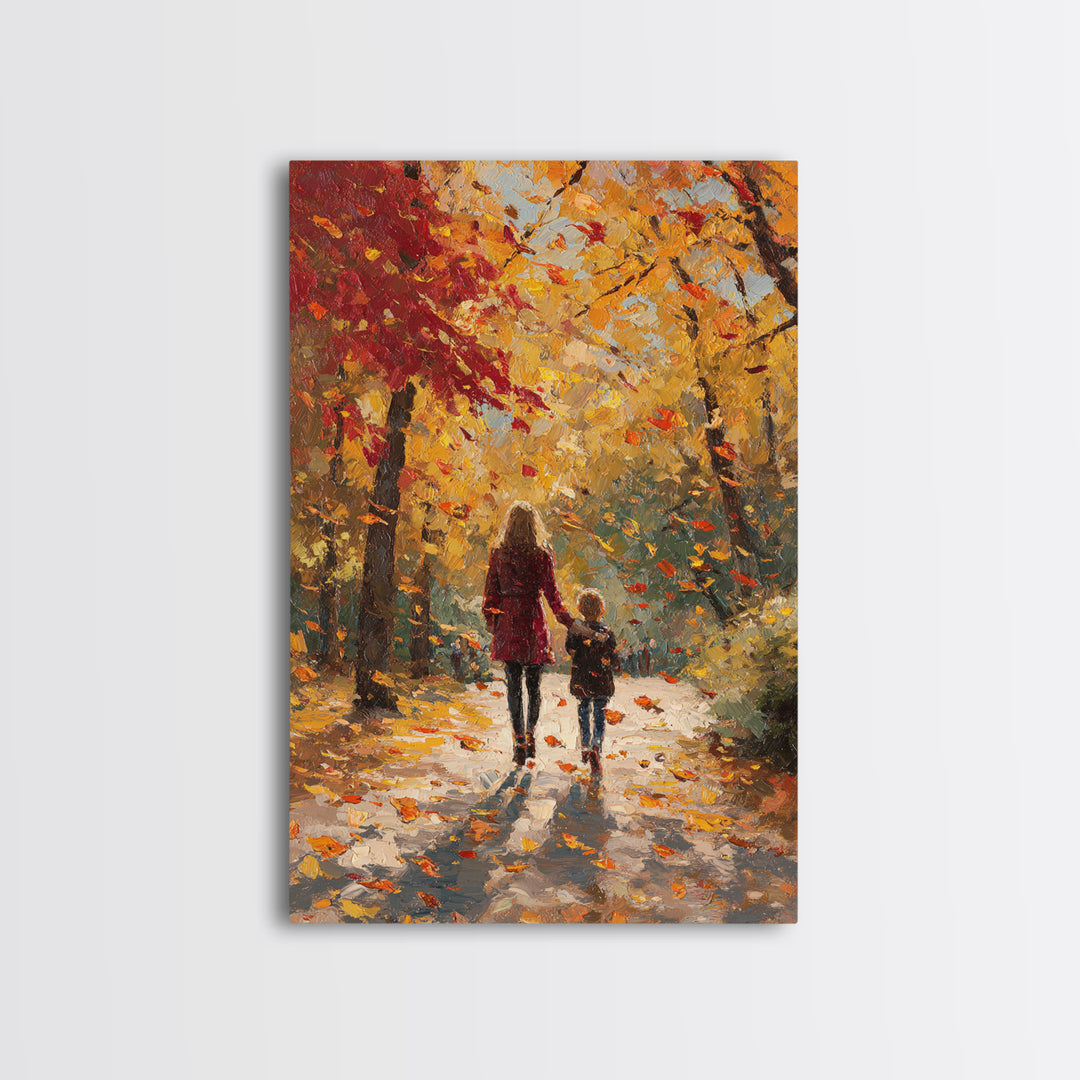Mother And Child Golden Fall Walk Canvas Print, Red Coat Autumn Trees Painting, Warm Family Decor, Rustic Wall Art, Gift For Mom