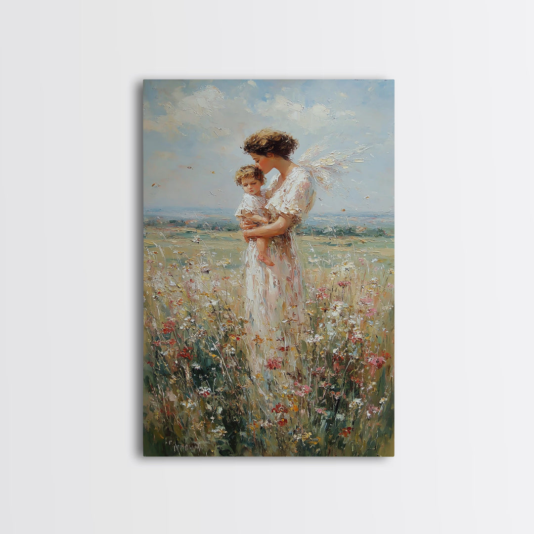 Guardian Angel Holding Child Wall Art, Wildflower Meadow Oil Painting, Christian Nursery Decor, Spiritual Gift For Mom, Fine Art