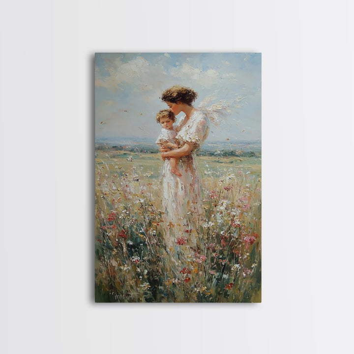 Guardian Angel Holding Child Wall Art, Wildflower Meadow Oil Painting, Christian Nursery Decor, Spiritual Gift For Mom, Fine Art