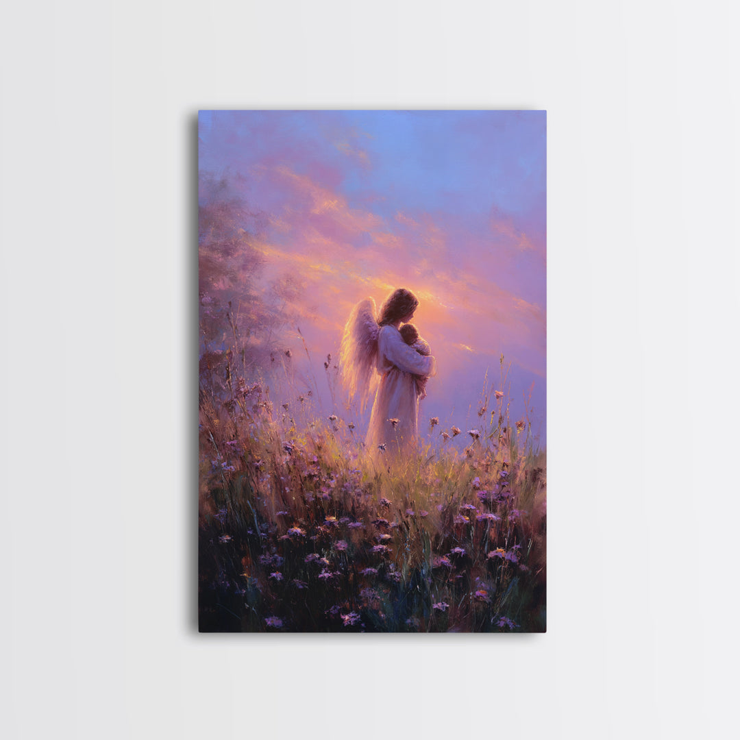 Angel Mother Cradling Baby Framed Canvas Print, Lavender Sunset Meadow Painting, Spiritual Wall Art, Nursery Decor, New Mom Gift