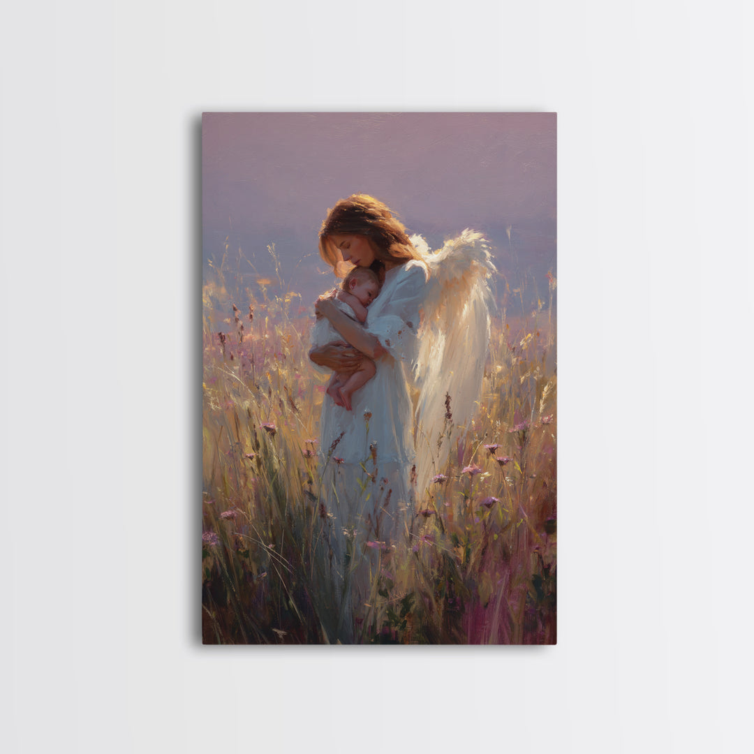 Angel Mother With Newborn Canvas Print, Golden Wildflower Meadow Painting, Guardian Angel Wall Art, Baby Nursery Decor, Gift For Mom