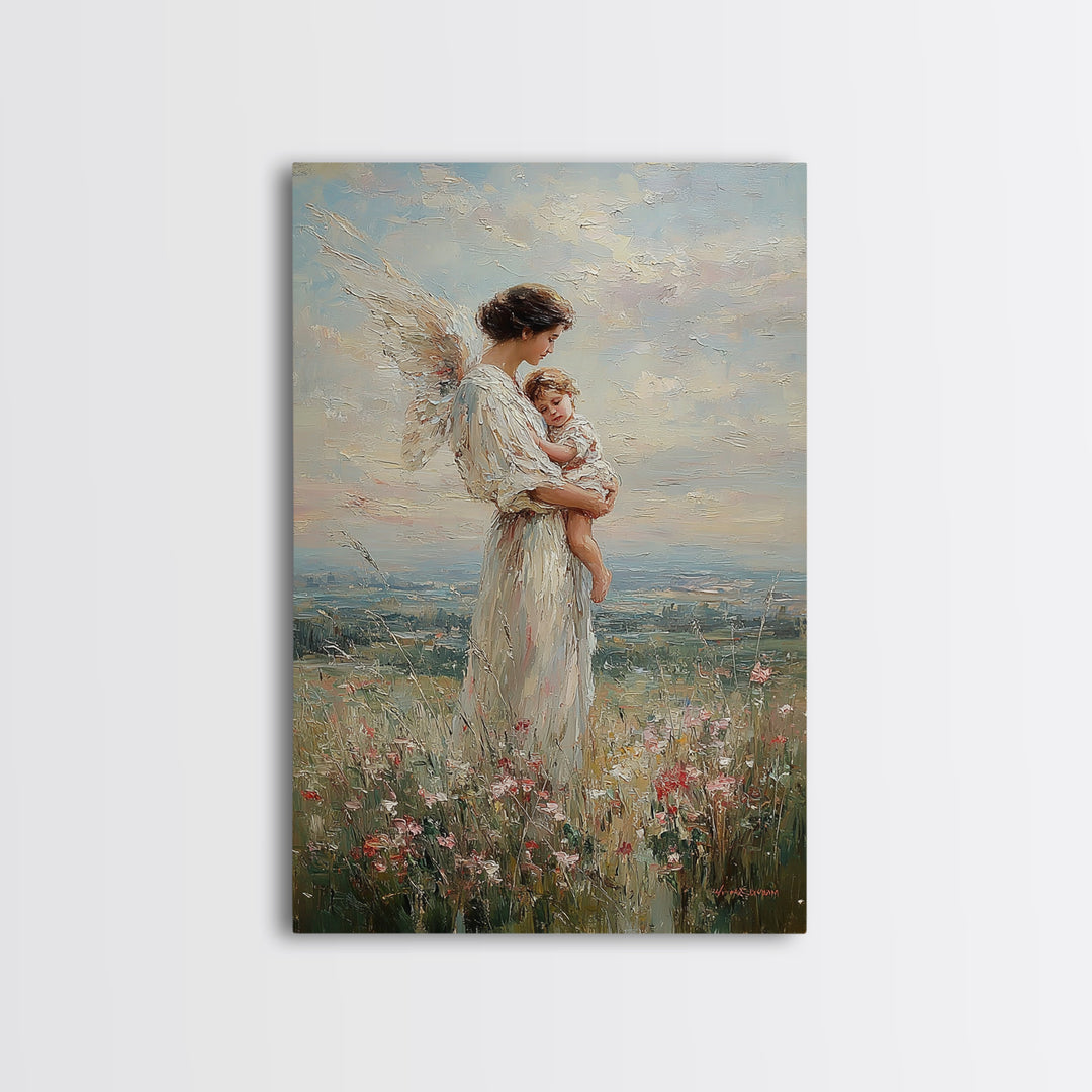 Guardian Angel Mother Holding Baby In Wildflower Meadow Wall Art, Christian Nursery Decor, Motherhood Gift, Fine Art Print