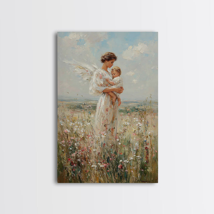 Serene Angel Mother Cradling Baby In Flower Field Framed Canvas Print, Christian Wall Art, Nursery Decor, Gift For Her And Mom