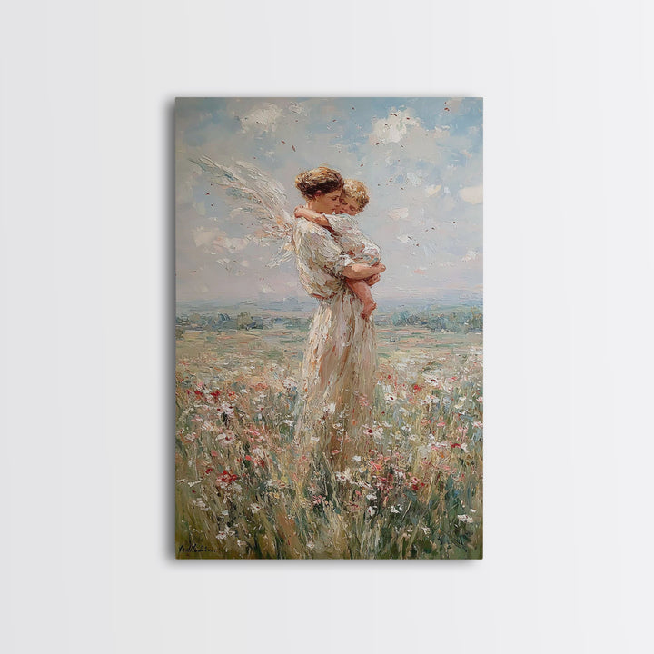 Protective Angel Mother And Child In Windy Meadow Canvas Print, Christian Wall Art, Nursery Art, Motherhood Gift For Her