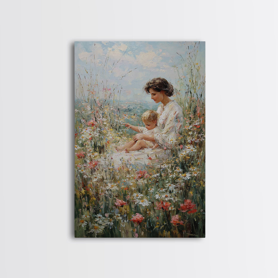 Mother And Child Resting In Daisy And Poppy Meadow Wall Art, Impressionist Floral Decor, Nursery Art Print, Gift For Mom