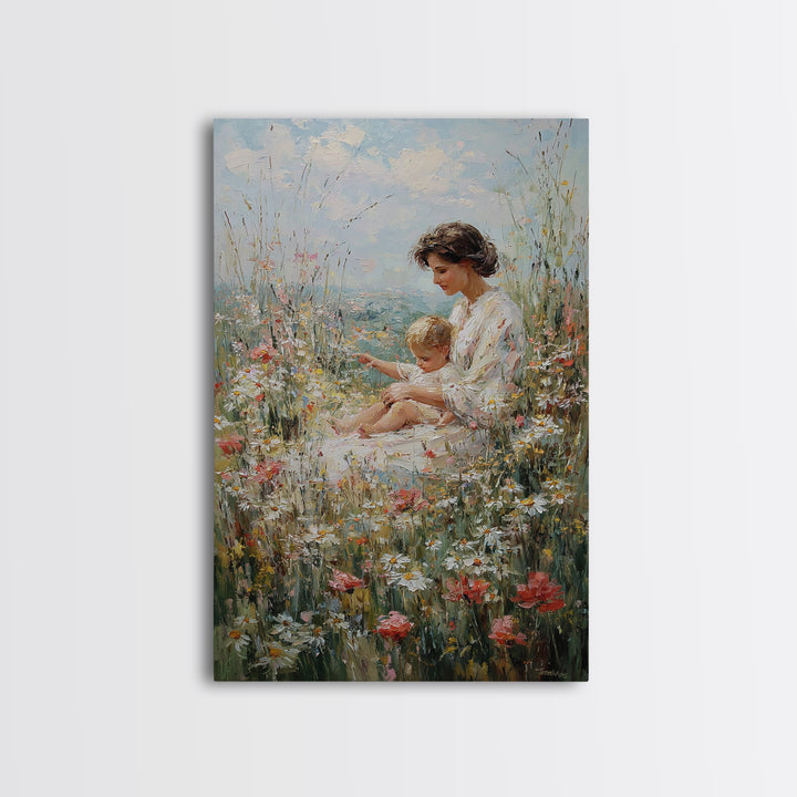Mother And Child Resting In Daisy And Poppy Meadow Wall Art, Impressionist Floral Decor, Nursery Art Print, Gift For Mom