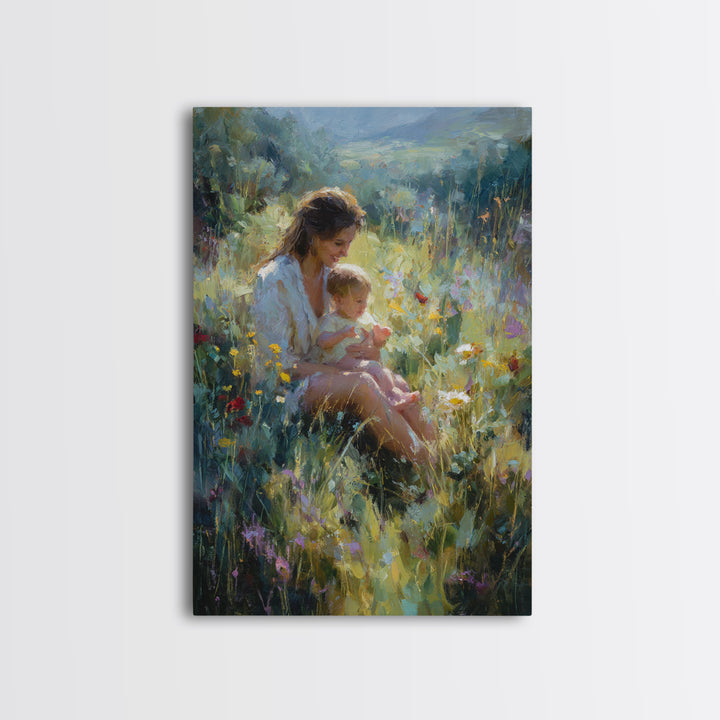 Glowing Mother And Baby In Mountain Wildflower Meadow Wall Art, Impressionist Landscape Decor, Nursery Art, Gift For Mom