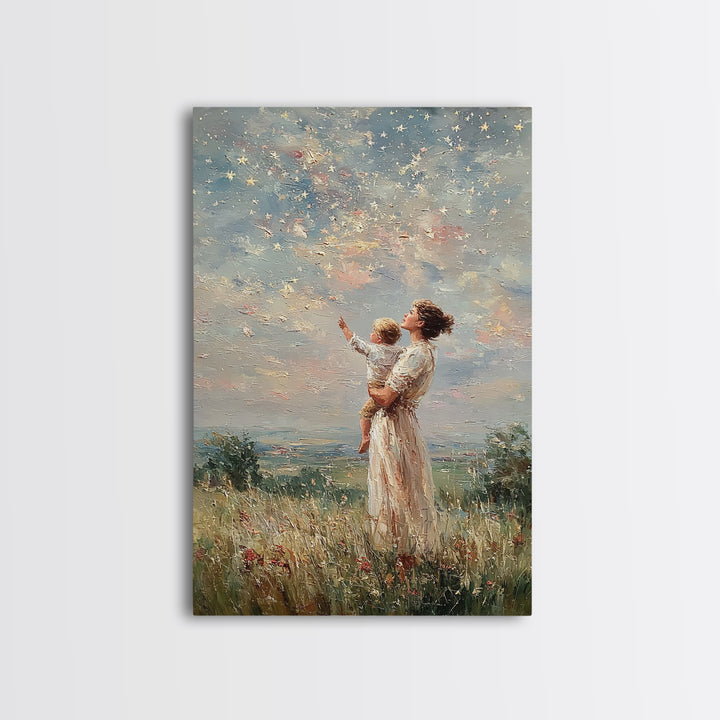 Mother Holding Child Beneath Starry Sky In Meadow Framed Canvas Print, Celestial Wall Art, Christian Nursery Decor, Gift