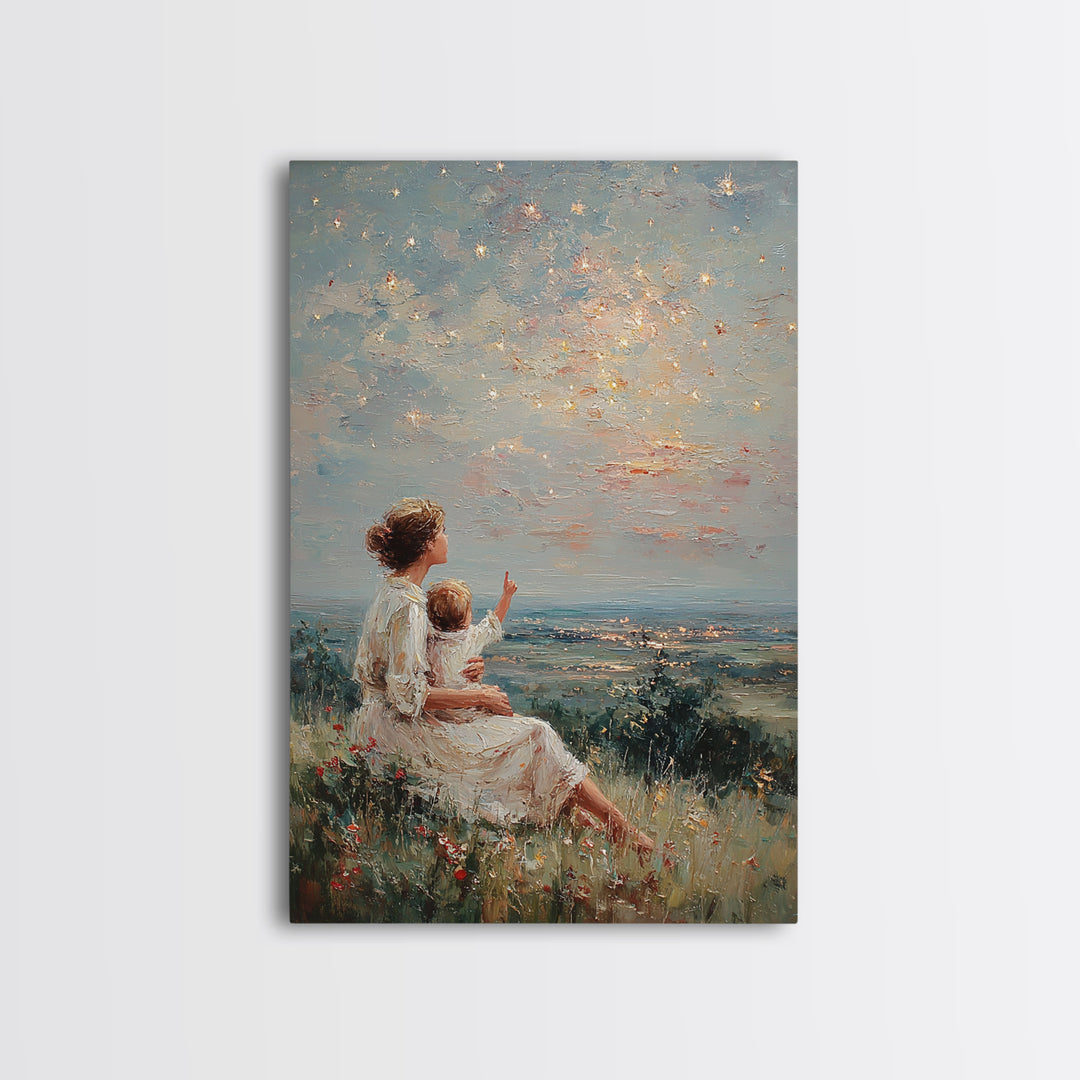 Mother And Child Under Sparkling Sky Wall Art, Impressionist Meadow Landscape Print, Nursery Decor, Gift For Mom, Living Room Decor