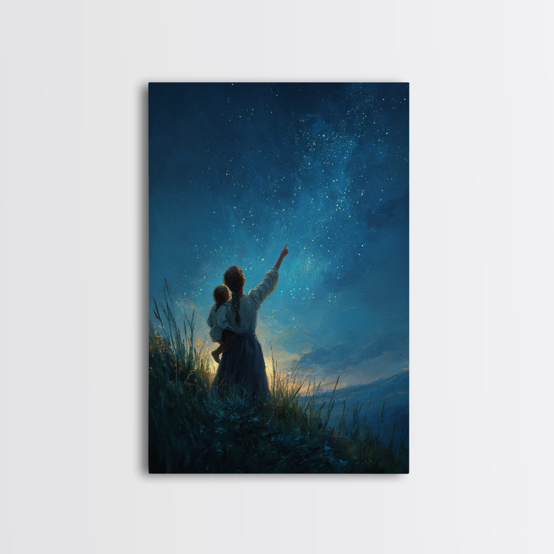 Mother And Child Stargazing At Milky Way Framed Canvas Print, Celestial Wall Art, Night Sky Decor, Nursery Gift, Mystical Home Decor