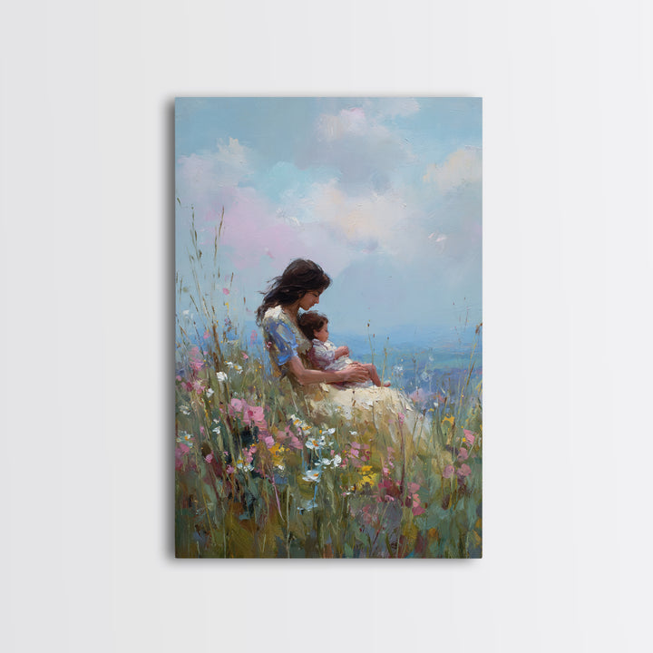 Mother Holding Baby In Wildflower Meadow Canvas Print, Impressionist Floral Wall Art, Nursery Decor, Gift For Her, Mothers Day Gift