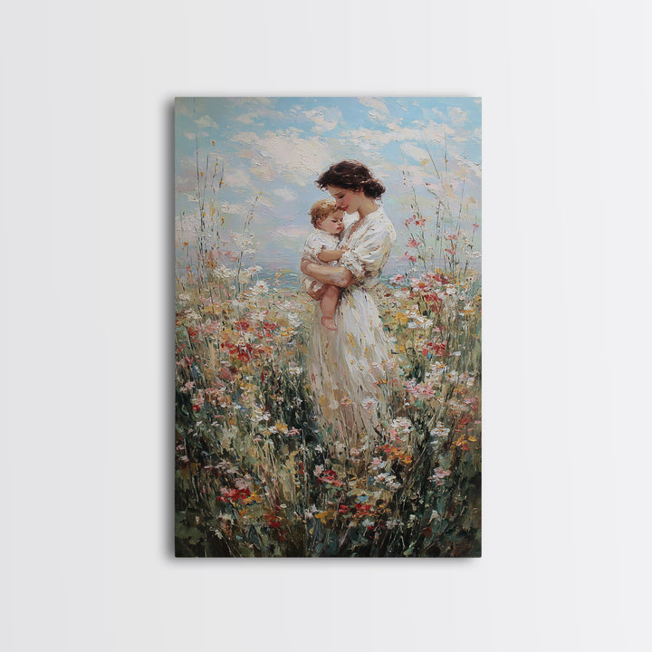 Mother Holding Baby In Sunlit Wildflowers Framed Canvas Print, Impressionist Floral Wall Art, Motherhood Gift, Nursery Decor