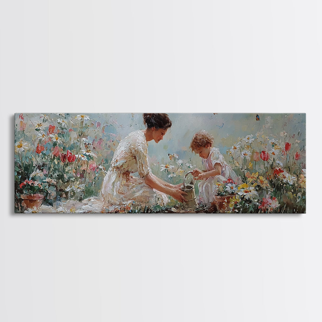 Mother And Child Garden Wall Art, Impressionist Wildflower Meadow Canvas Print, Feminine Nursery Decor Gift For Mom Home Decor