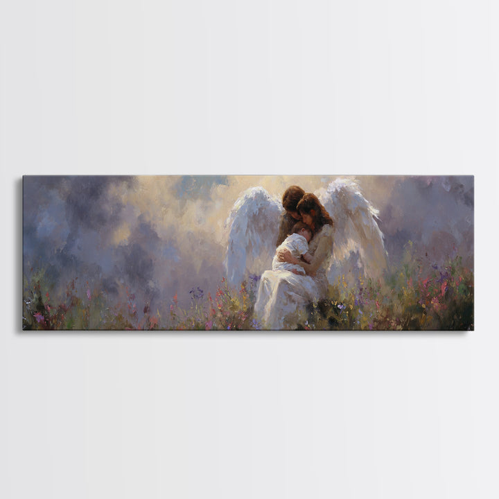 Guardian Angel And Child Wall Art, Ethereal Wildflower Meadow Framed Canvas Print, Christian Nursery Decor Gift For Baby Room