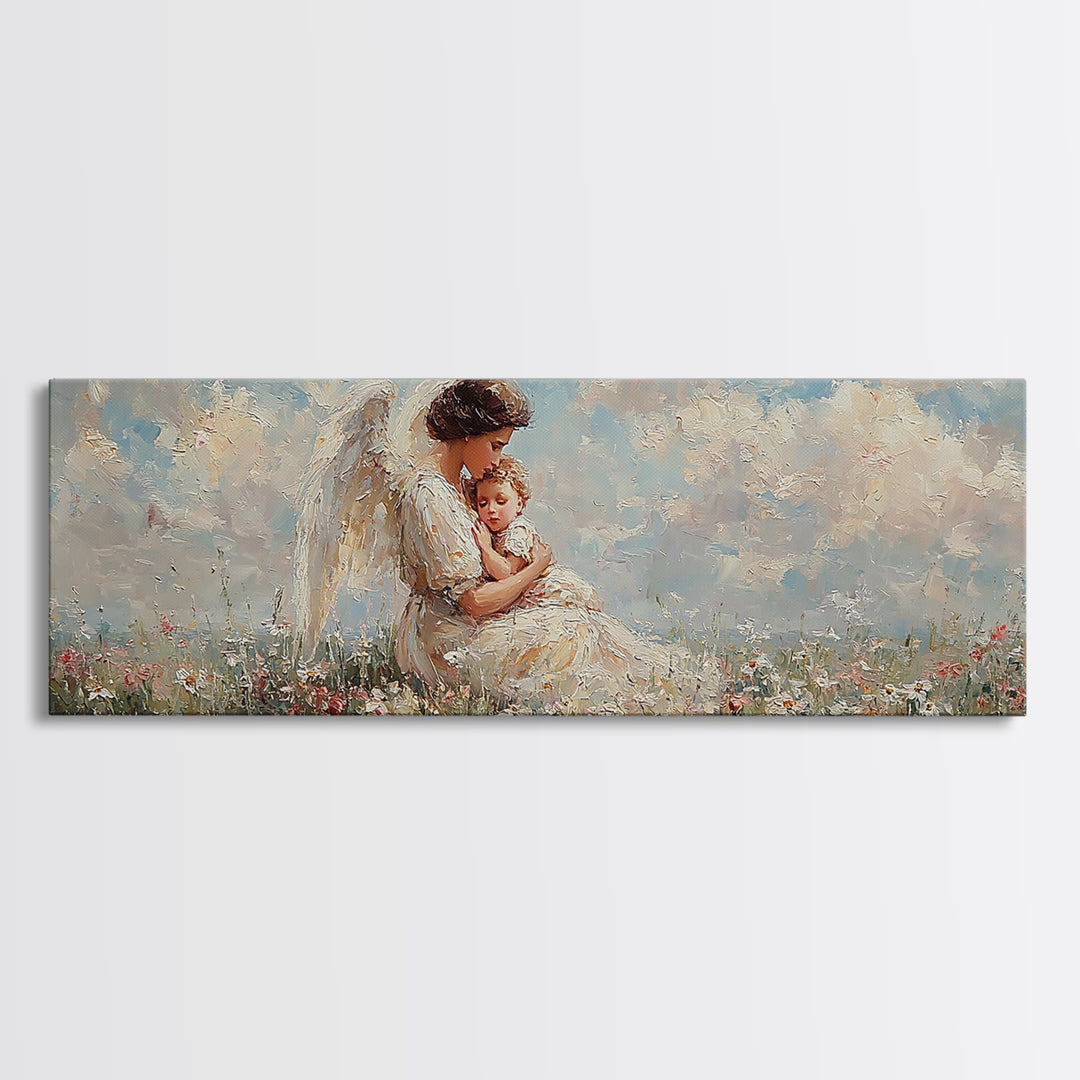 Angel Mother Holding Baby Wall Art, White Wings Wildflower Field Canvas Print, Christian Nursery Decor Gift For Mom Home Decor