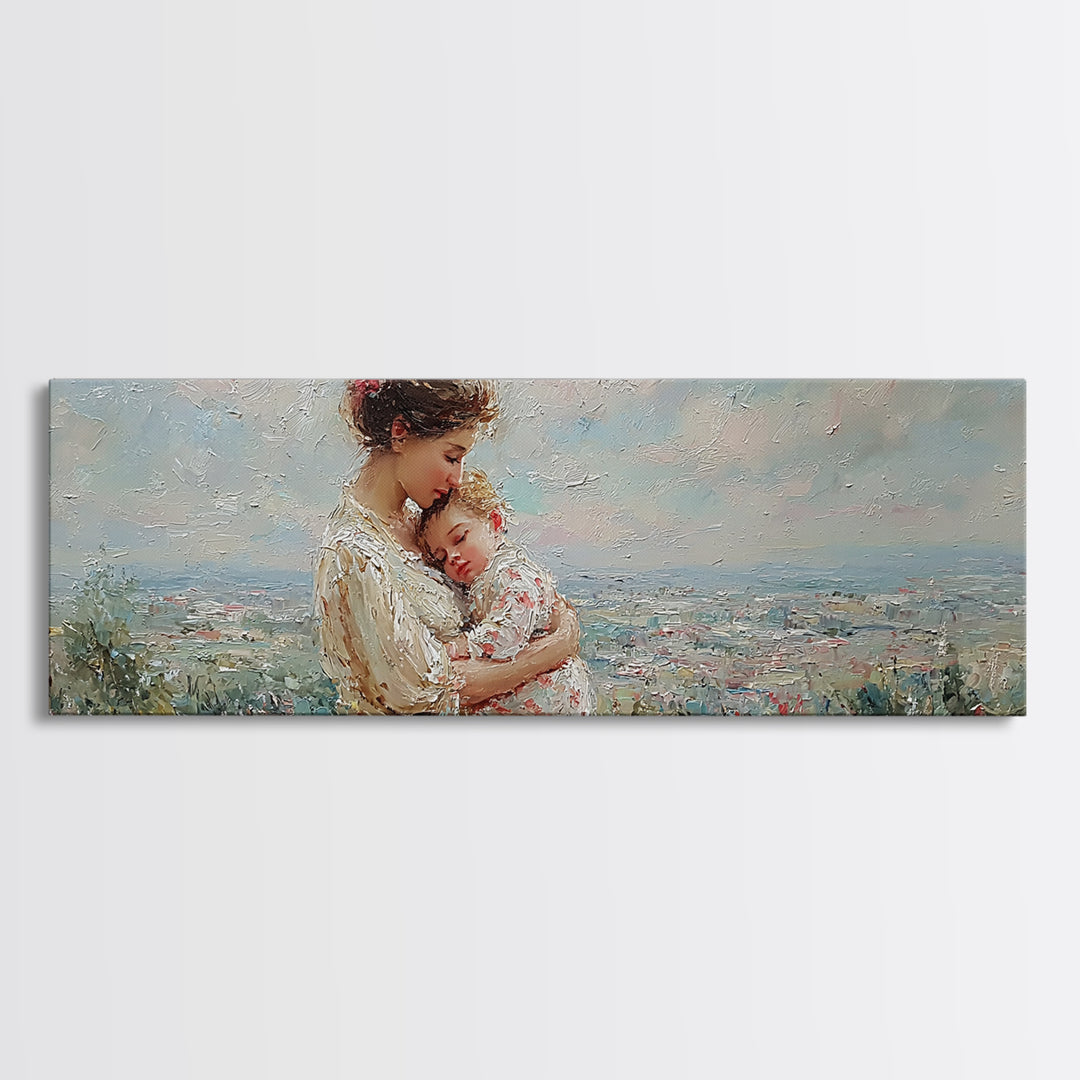 Mother Holding Sleeping Baby Wall Art, Tender Wildflower Landscape Canvas Print, Feminine Nursery Decor Gift For Mom Home Decor